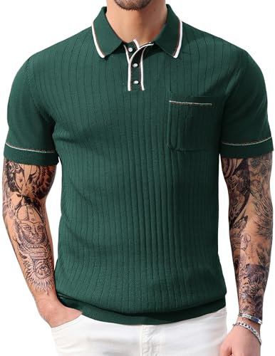 PJ PAUL JONES Herren Kurzarm Strick Poloshirts Vintage Button Up Sommer Poloshirt, Grün, XL