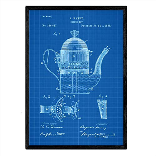 Nacnic Patent Poster mit Rahmen für Kaffeemaschine 1 - Antikes Patent in Größe A3 mit blauem Hintergrund Mit Rahmen