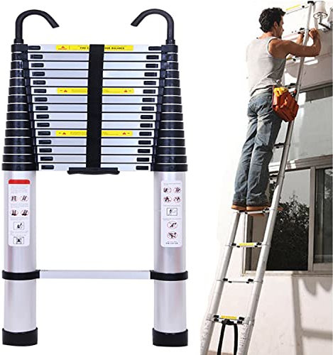 Aluminium Teleskopleiter 14,4FT Verlängerungs Klappleiter mit 2 Haken, Kompakte Teleskopleiter für Heim- oder Wohnmobilarbeiten, Strapazierfähige 15 Stufen, 330lbs Kapazität