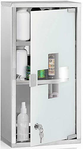 BAKAJI Armadio Armadietto Porta Medicinali Mobiletto a Parete Primo Soccorso in Acciaio Inox e Vetro Satinato Colore Silver Con Doppia Chiave di Sicurezza a Chiusura Magnetica (60x30x12 cm)