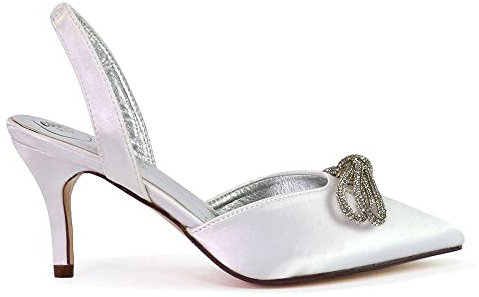 ESSEX GLAM Womens Pointed Toe Low Heel Diamante Bow Slingback Pumps Ladies Bridal Shoes White Satin