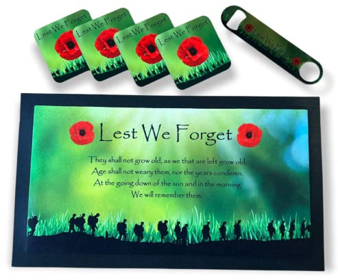 ShopQuality4U Flanders Field Remembrance Bar Runner Mat, Matching Bottle Opener & 4x Drinks Coasters, Metal sign Gift Set | Beer Gifts Home Bar Accessories for Pub Bars Man Cave Him Her Poppy