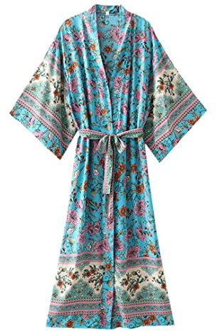 Wvapzxx Abito lungo per spolverino lungo con stampa floreale estiva Boho casual in cotone rayon bohémien da donna, Beige, L