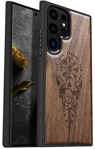 Carveit Luxury Case for Samsung S23 Ultra Case [Classic Art Collection laser engraving art pattern] Shockproof TPU Bumper Compatible with Galaxy S23 Ultra Phone Cover (Viking Compass Walnut)