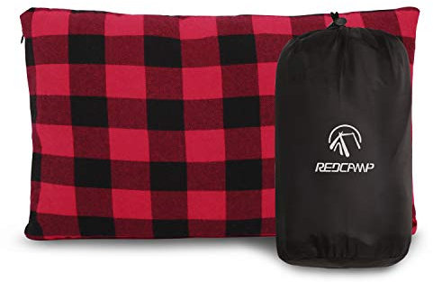 REDCAMP Coussin de Camping léger pour Sac de Couchage en Plein air, Coussin de Camping Compressible, léger en Flanelle, Oreiller de Voyage, Rouge et Noir