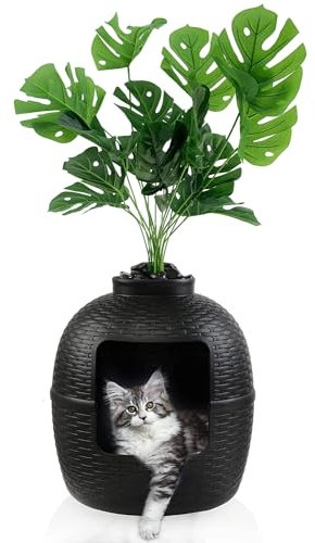 Keygarzone Hidden Litter Box with Faux Plant, Cat Litter Box Furniture with Rattan Pattern for Large Cat, Carbon Filter, Easy Assemble & Clean, Black
