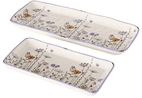 Boltze Teller Set Kamilla 2-teilig (Servierteller mit Blumenmuster, Dekoteller Frühling / Sommer, modernes Blumenmuster) 2030878, Schwarz,cremeweiß