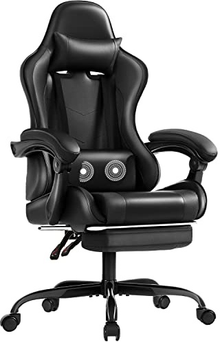 Shahoo Gaming Chair with Footrest and Massage Lumbar Support, Ergonomic 360° Swivel Seat and Adjustable Height with Headrest for Office or Bedroom, Study Room, Leather, Black