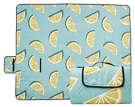 Yoonqun Picknickdecke 200x200cm,Wasserdicht Strandunterlage,Blaue Zitrone Stranddecke XXL Weiche Campingdecke mit Tragegriff Strandmatte für Park,Garten,Strand,Waschbar