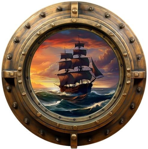 Samunshi Wandtattoo Bullauge mit Segelschiff Fenster in andere Welt Portal Schiffsfenster Kinderzimmer Wandaufkleber (30x30cm Segelschiff)