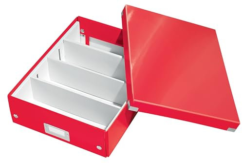 Leitz Click & Store Aufbewahrungsbox mit Deckel Mittel-Groß, Box mit Trennwänden für Zubehör im Büro oder Utensilien im Haushalt, Transportbox aus 85 % recycelter Premium-Hartpappe, Rot, 60580026