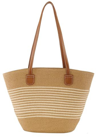 CHIC DIARY Straw bag Woven Tote Bag for Women Beach Purse Summer Shoulder Bag With Zipper Bohemian Crossbody Bag For Vacation(White stripes)