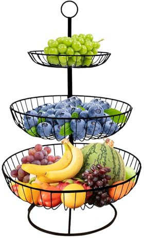 Aiuuee Corbeille a Fruit 3 Etages, Panier Fruit 3 Niveaux en Métal, Panier Rangement Fruit, Grande Capacité 30 x 48 cm Noir, Panier de Fruits et Legumes