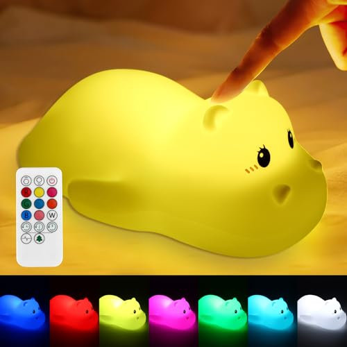 LED Nachtlicht Kinder, Nilpferd Nachtlampe Mit Fernbedienung Und Touch-Steuerung, 9 Farben Dimmbar Silicone Niedlich Bedside Lamp USB Rechargeable, Für Baby Mädchen Jungen Birthday Gift