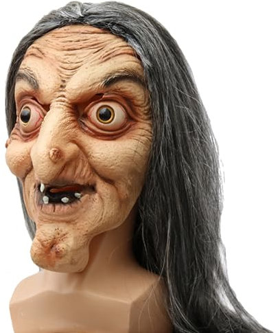 Glaxcidy Halloween Gruselige Hexenmaske, Gruselige Alte Frau Hexe Maske mit Lange Haaren, Horror Realistische Hexen Maske für Halloween Karneval Party Kostüm Cosplay Kostüm Dekorationen