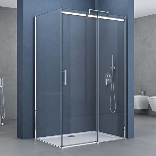 doporro Box Doccia Angolare 75x140x195 cm con Porta Scorrevole Reversibile | Vetro ESG Trasparente 8 mm, Profilo Alluminio Cromato Regolabile 0-15 mm, Piatto Doccia Incluso, EasyClean Anticalcare