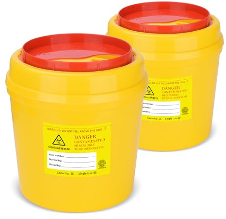 ATOMUS 2pcs 2L Yellow Tattoo Plastic Sharp Container Box Sharps Containers Needle Destruction Waste Bin Needle Disposal Bin with Lid for Tattoo Eyebrow Blade