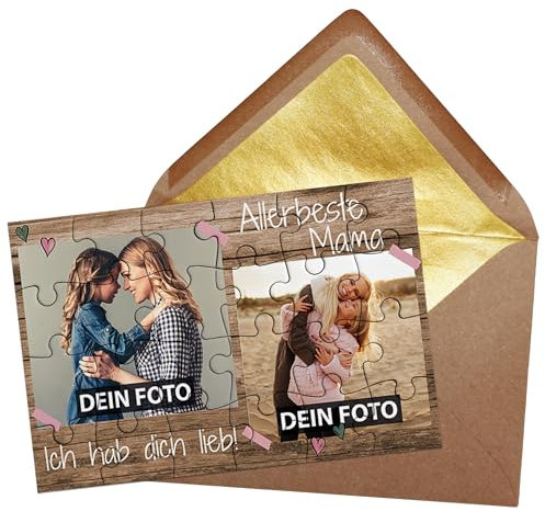 PR Print Royal Puzzle selbst gestalten - Allerbeste Mama mit 2 Fotos - Ich hab Dich lieb - Geschenk für Mama zum Geburtstag und Muttertag | Fotopuzzle 24 Teile, Briefumschlag mit Gold-Inlay