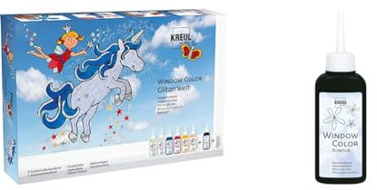 Kreul 42844 - Window Color Set Glitzerwelt & 42774 - Window Color Konturenfarbe, schwarz 80 ml, zur besseren Abgrenzung von Motiven, für glatte Oberflächen wie Glas, Spiegel und Fliesen