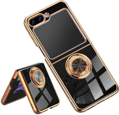 ILING Case for Samsung Galaxy Z Flip 7 FE/Samsung Galaxy Z Flip 6 5G with 360 Degree Ring Kickstand, Luxurious Gold Edging Design Soft TPU Silicone Shockproof Ultra-thin Women's Cover (Black)