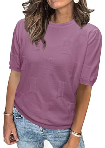 Totatuit Jerséis para Mujer Cuello Redondo Manga Corta Punto Jersey Mujer Sólido Suéter Elegante Blusa Stretchy Casual Camiseta PúRpura XXL