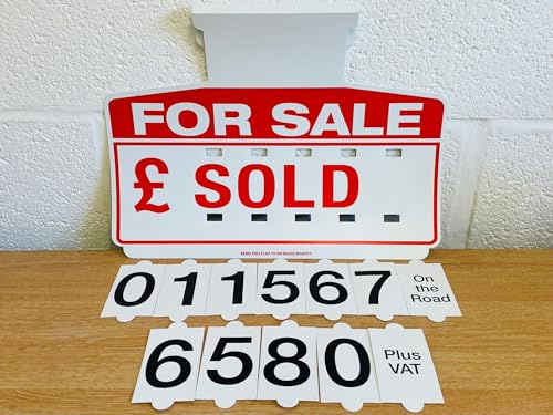 For Sale Sign Boards Pack, 10 White and Red Car Sun Visor Price Display Kits with Numbers, Plus VAT