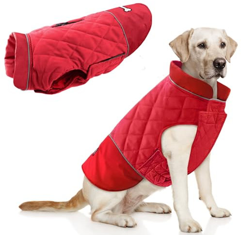 Idepet Winddichter Hundemantel Winter Warme Jacke,Anti-Schneeanzug Hundebekleidung für kleine mittelgroße Hunde mit Geschirrloch Blau Rosa Grau (Rot, L)