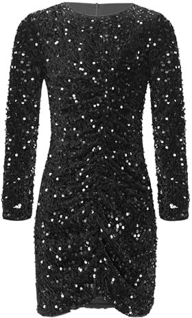 TiaoBug Mädchen Weihnachten Pailletten Kleider Langarm Rundhals T-Shirt Shirtkleider mit Glitzer Bling Bling Partykleider Slim Fit Festkleider Hochzeit Outfits Schwarz 122-128