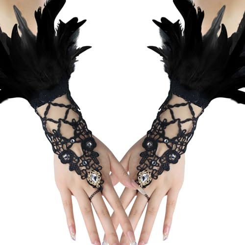 Damen Vintage Spitzenhandschuhe Schwarz Feder Handschuhe Damen Spitzenhandschuhe Fingerlos Manschette Spitze Feder Armband Spitze Handschuhe für Cosplay Hochzeit Halloween Karneval Kostüm Zubehör