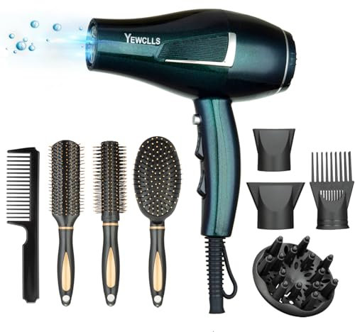 Föhn Ionen Fön Schnelles Trocknen Salon 2100W professioneller Haartrockner 2 Geschwindigkeit 3 Wärmeeinstellungen 2 Konzentrator 4 Kämmen 1 Diffusor Familie Salon Lockenföhn mit Kalttaste (Grün)
