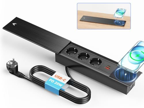 Ohuo Einbau Steckdosenleiste mit USB C und 15W Kabellosem Laden, Einbau Tischsteckdose mit USB C PD 20W, 3 Fach Einbausteckdose mit USB und Deckel, 2M Kabel