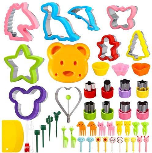 55 Stück Ausstechformen, Ausstecher Brot und Gemüse Kinder, Brotaustechformen für Kinder aus Edelstahl, Sandwich Ausstecher Kit, mit Food Picks Obstgabeln, Stern Dinosaurier Einhorn Micky