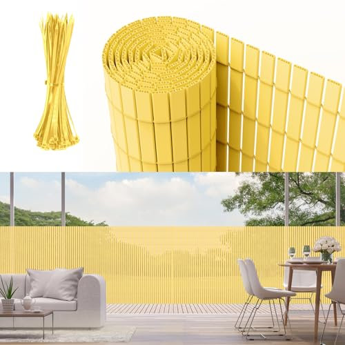 Sichtschutzmatte PVC Sichtschutzzaun mit verstärkten Lamellen 80x500cm Balkon & Garten Sichtschutz ohne Bohren, wetterfest & blickdicht, inkl. Kabelbinder, Windschutz für Terrasse, Bambus