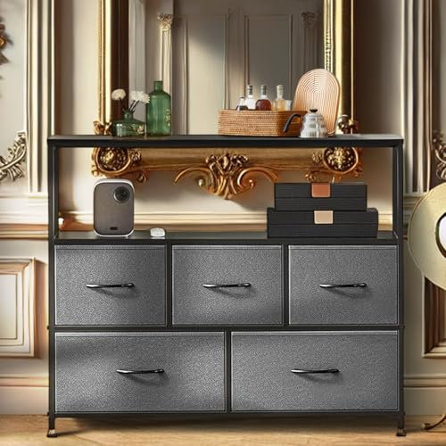 DUMOS Kommode mit Schubladen - kommoden & Sideboards für Schlafzimmer Geeignet,TV-Schrank mit Stabilem Stahlrahmen, Komodenschrank mit 5 Schubladen, Ideal für Schlafzimmer, Wohnzimmer (Grau)