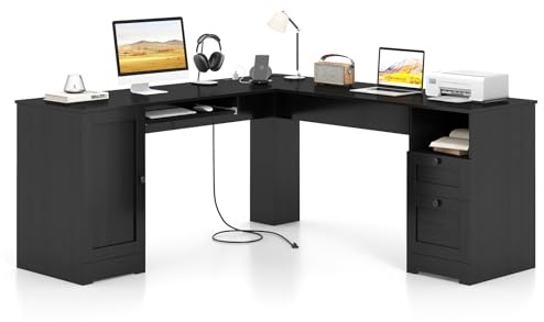 GIANTEX Escritorio de Ordenador en Forma de L con Estación de Carga, Escritorio de Esquina con Bandeja para Teclado y Cajones, 168 x 168 x 76 cm, Mesa Esquinera para Oficina, Dormitorio (Negro)