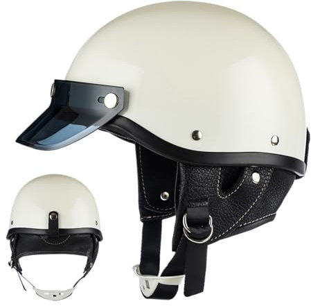 Motorcycle Riding Helmet, Open Face Cruiser Cap, Lightweight Breathable Shell, Quick Release Strap for Scooter Motocross Street Racing and Outdoor Touring, White/Black