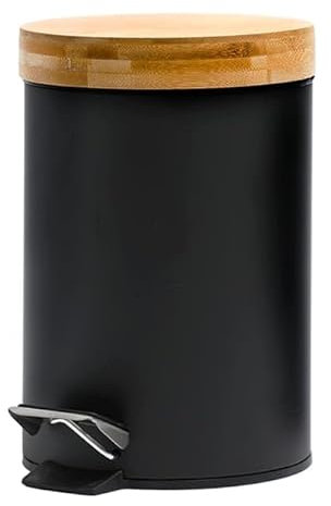 FAHAAM Bathroom Pedal Bin 3l with Bamboo Top, Small Pedal Waste Bin with Bamboo Lid, Round Bathroombin, Toiletbin for Small Spaces, Plastic Rubbish Bin for Home, Kitchen, Bedroom. (Black)