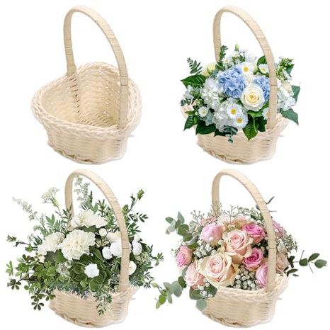 4 Stück Blumenkörbchen Hochzeit, 10 X 12 Cm Herzförmiger Gewebter Blumenmädchen Korb Mit Griff, Blumenkinder Korb für Hochzeiten, Kleine Weiden Rattan Blumenkorb Bespannt Herz Ablagekorb für Part