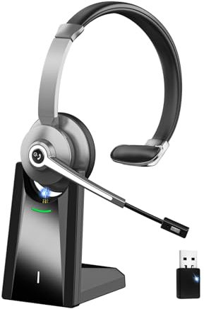 Bluetooth Headset mit Mikrofon，Kabelloses Headset mit USB Dongle & Ladestation, Wireless Office Headset mit Stummschaltung & Rauschunterdrückung Mikrofon für Computer/Call Center/Büro/HomeOffice/Teams