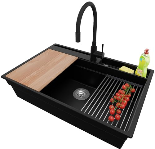 PRIMAGRAN Granitspüle ab 80er Unterschrank + Küchenarmatur, 78x53cm | Set: Küchenarmatur BW6020 + Ablauf-Set (Siphon, Ablaufgarnitur, Überlauf) + Spülbecken 1 Becken - Oslo Pocket, Schwarz