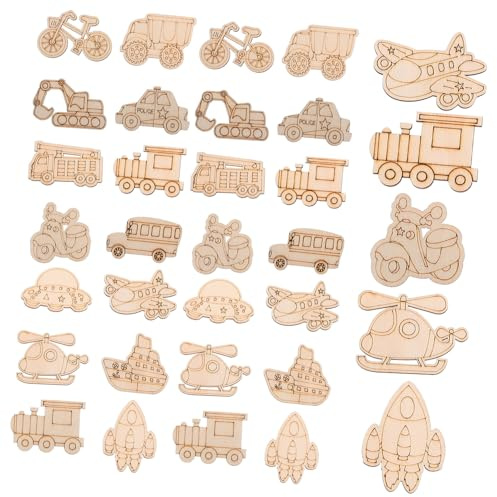 BESPORTBLE 50 Stück Teiliges Holzfahrzeug Bastelrohlinge Unbemalte Fahrzeug Mix Holzscheiben für DIY Malprojekte Vielseitige Holzautos Hubschrauber Bagger und Motive Naturbelassene