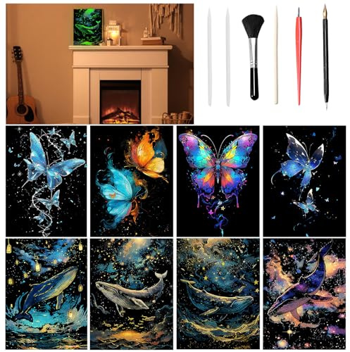 VLYX Kratzkunst für Erwachsene und Kinder - 8-teiliges Regenbogen-Kratznotizen-Set mit Kratzwerkzeugen, kreatives Kunstzubehör für Kinder & Erwachsene (Schmetterling & Wal)