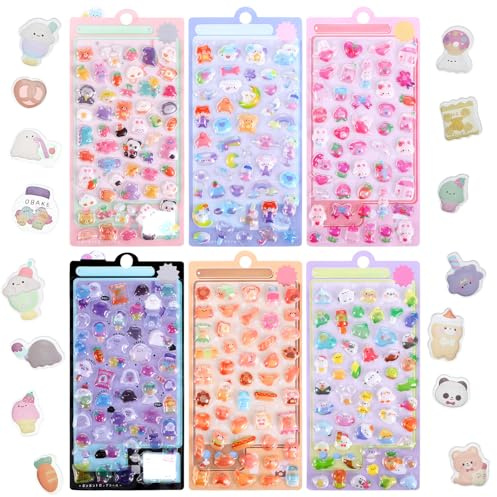 6 Sheets 3D Puffy Stickers Kawaii Resin Decorative Stickers Butterfly Flower Animal Cute Sticker Decorative Resin Sticker for Scrapbooking Notebook Journals Laptops Phone Case