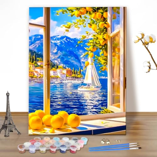 MEIYUDA Peinture par Numero Adulte Citron, Vue de la fenêtre Kit de Peinture à l'Huile sur Toile par Numéro, Decoration Maison Cadeau 40x50cm(sans Cadre)