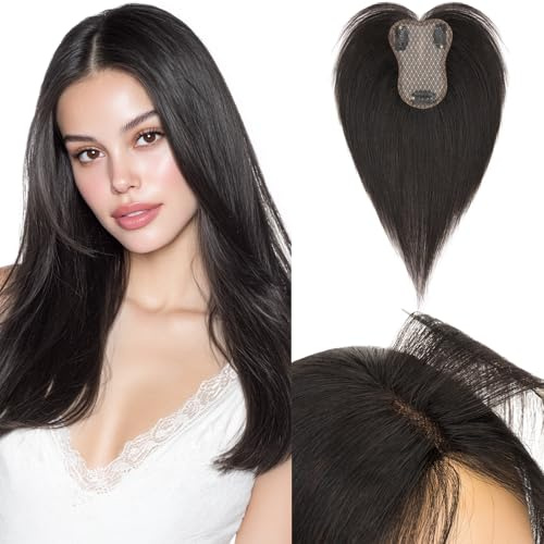 Benehair Haartopper Echthaar Haarteile für Damen #1B Natürliches Schwarz 100% Echthaar Cover-Haarteil Clip-in-Pony Natürlich Geschichtet 20g 25 CM