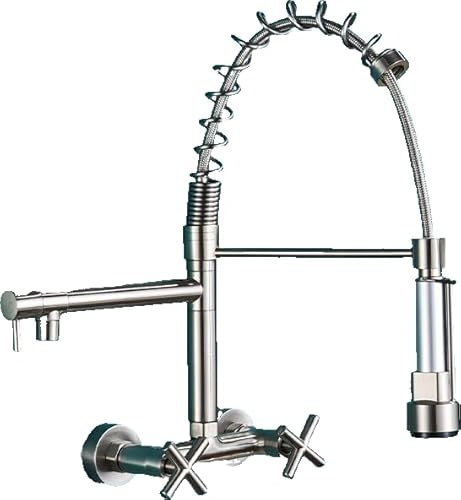 KLARWERK® Björn | Gastronomie Armatur Wandmontage Silber gebürstet |Profi Küchenarmatur Edelstahl Zwei Brausen |Doppelspülbecken Wasserhahn Restaurant
