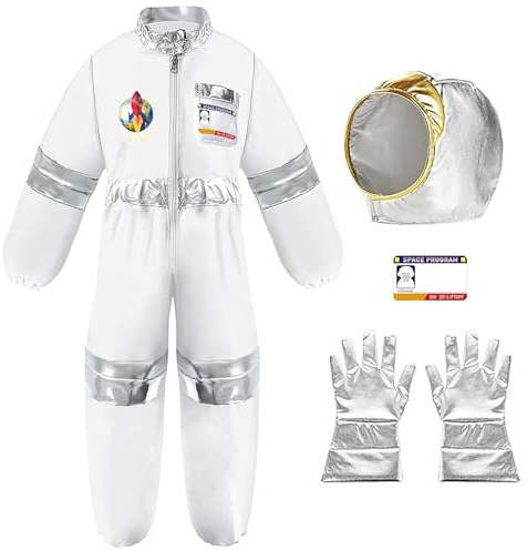 Viunychn Astronaut Kostüm Kinder 3Pcs Weiß Astronauten Kind Unisex Overall Helm Silberne Handschuhe Weltall Astronauten Kostüm für Mädchen Jungen Raumfahrer Spaceman Outfit Halloweenges