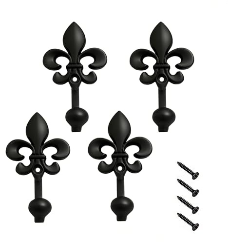 Qaixwuyi Crochets muraux noirs Embrasses de rideaux au design fleur de lys en métal vintage avec vis Patères décoratives pour armoire de salle de bain de salon