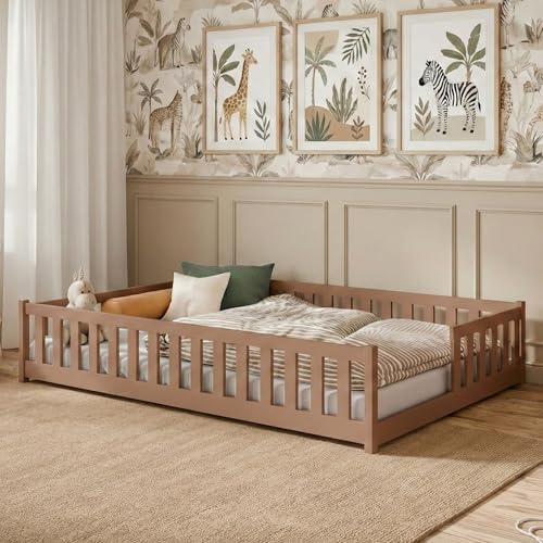 Kids Collective Kinderbett Bodenbett mit Rausfallschutz & Lattenrost Montessori Bett Bed Gitterbett Kinder Jugendbett Einzelbett | 140x200 cm | Zimt