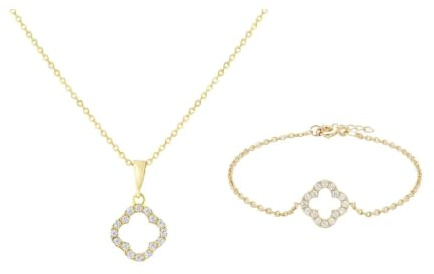 Suzan Gold® 375 Echtgold Schmuckset Damen Halskette Armband Kleeblatt Zirkonia elegant wasserfest nickelfrei Geschenk Set Crucelle Clover Spark hochwertig